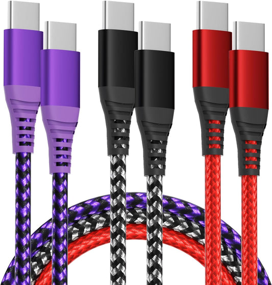 USB C to USB C Cable 60W(3A), Nylon Braided Type-C Charger Cable Fast Charging for iPhone 15 Pro Max Plus/Samsung S23, Switch, Pad and More(3FT 3Pack)