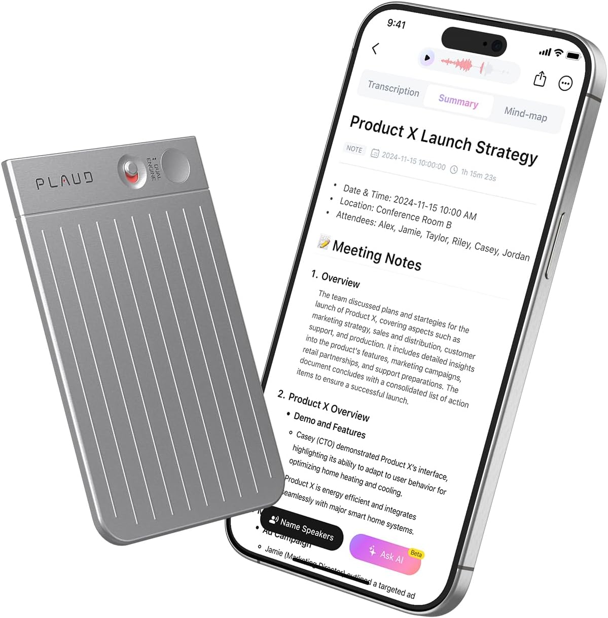Plaud Note AI Voice Recorder Black with Black Case, App Control, Transcribe & Summarize with AI Technology, Support 112 Languages, 64GB Memory, Audio Recorder for Lectures, Meetings, Calls