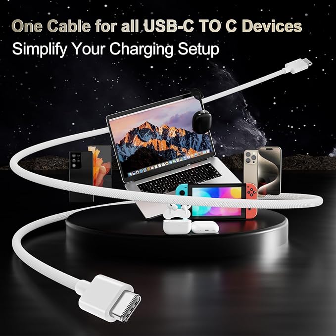Quntis USB C Cable, USBC to USBC Fast Charging Cable Nylon Braided (3ft 60W, 1-Pack) for iPhone 16/15 Pro/Plus/Pro Max, iPad mini 6/7/Pro/Air, MacBook Air/Pro, Samsung Galaxy S24 and More (White)
