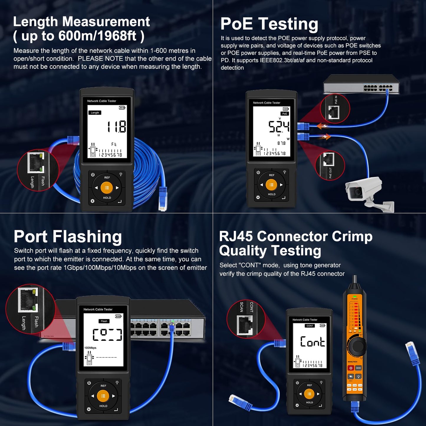 Rechargeable Digital Tone Cable Tester, WANLUTECH Tone Generator with Probe Support Optical Power Meter Visual Fault Locator PoE Test Cable Continuity Testing Port Flashing NCV (LT-300S)