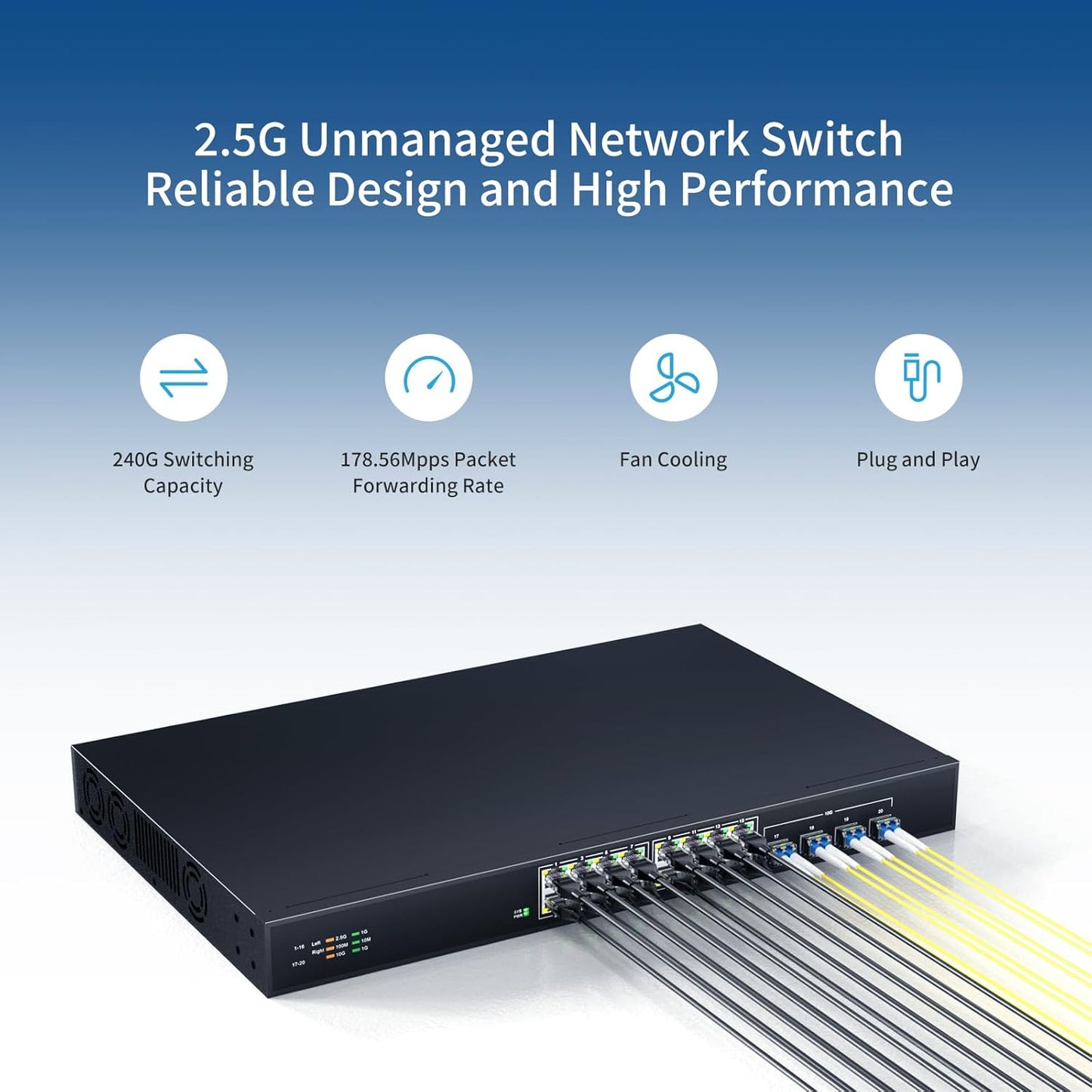 16 Port 2.5G Network Ethernet Switch, 16 x 2.5Gb RJ45 Ports, 4 x 10G SFP Slots, 240Gbps Switching Capacity, Desktop or Rack Mount/Metal Case/Fan Cooling/Plug and Play Unmanaged