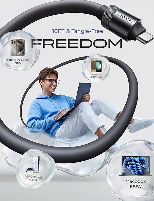 LISEN USB C Cable Charger Type C (10FT,100W) Soft Silicone USBC to USBC for Switch 2 iPhone 16 Pro Max Charger Cord, iPhone 15, MacBook Pro/Air, iPad Pro/Air, Samsung S25, Black