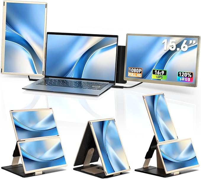Triple Laptop Screen Extender - 15.6" Monitor IPS FHD 1080P Detachable Portable Display for 13"-17.4" Laptops Compatible with Compatible with Windows Mac Chrome Surface Travel Work Setup