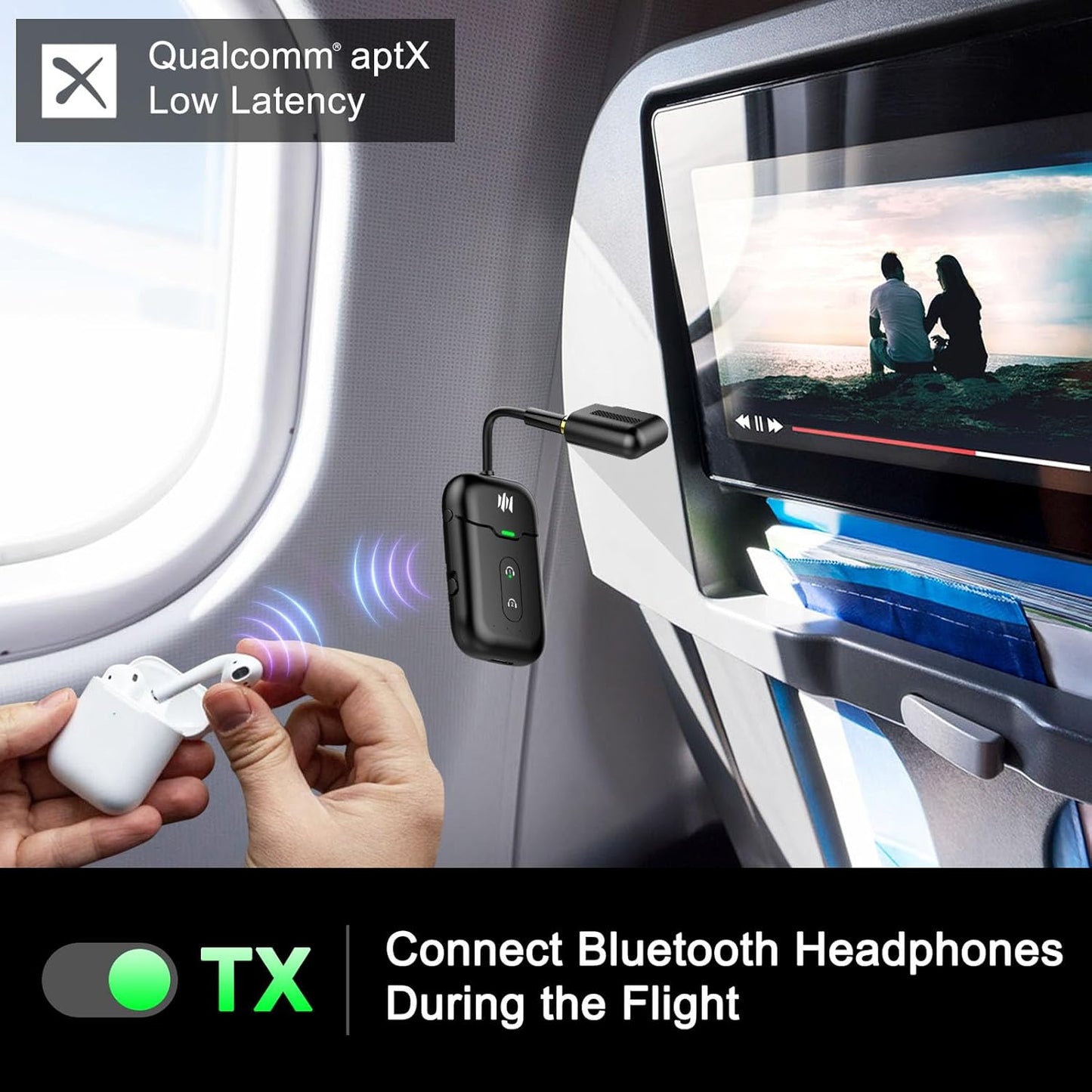 Airplane Bluetooth 5.4 Transmitter Adapter,Supports 2 AirPods/Headphones 2-in-1 Bluetooth Transmitter Receiver with aptX Low Latency,Wireless Adapter for Flight,TV,Gym,Tablets Car Stereo (Black)
