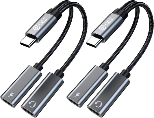 2PCS USB C Headphone Splitter,CCZ CA01 USB C to Type C Headphone Jack and Charger Adapter, 1 in 2 out Dongle Hi-Res DAC Audio Cable with PD 60W Fast Charging for Samsung Galaxy S25 S24 S23 (USBC-USBC)