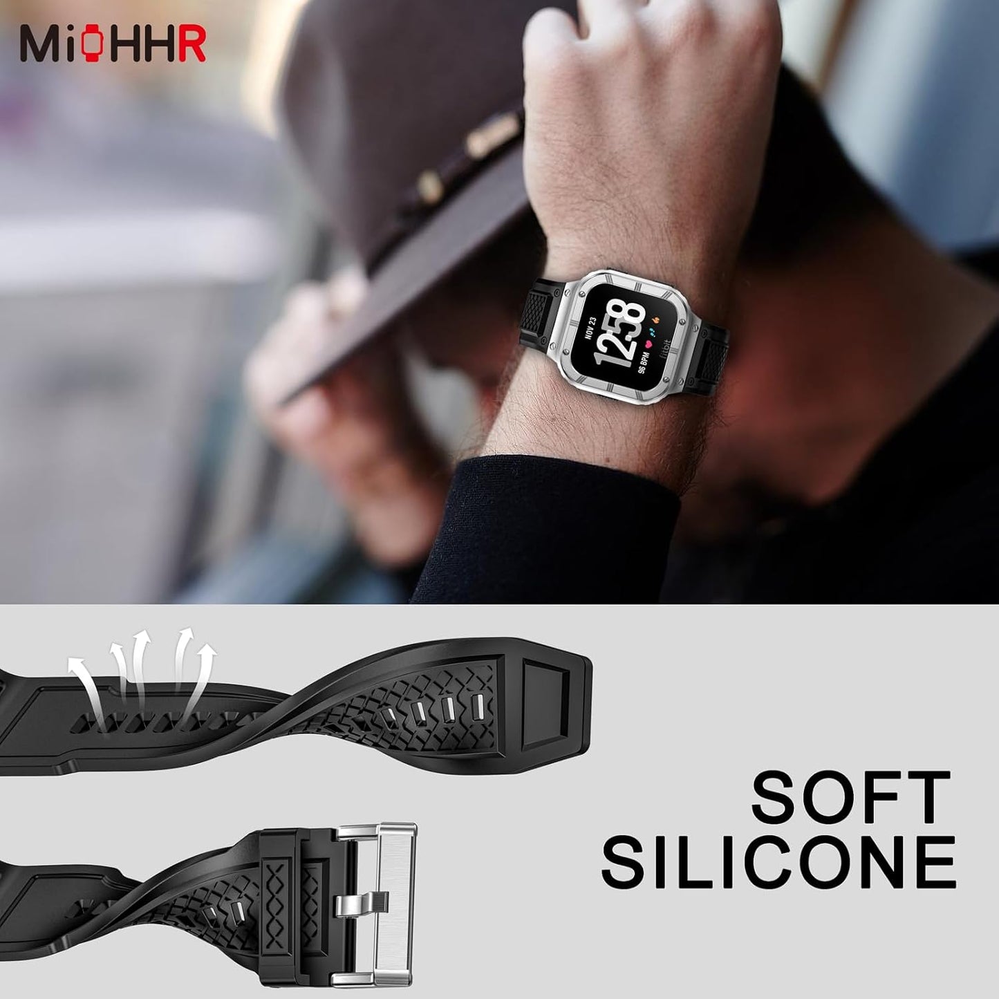 MioHHR Stainless Steel Case and Band Compatible with Fitbit Versa 4/3/2/Lite/Sense/Sense 2 Bands with Metal Case, Rugged Sports Protector Cover Silicone Wristbands for Men, Silver