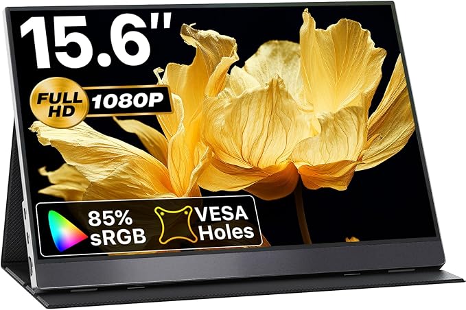 VisionOwl Portable Monitor 15.6 Inch 1080P FHD 85% sRGB Second Screen, USB-C HDMI HDR FreeSync Travel Monitor for Laptop PC MacBook PS5 Xbox, VESA Mountable, with Speakers, Cover Stand, Silver