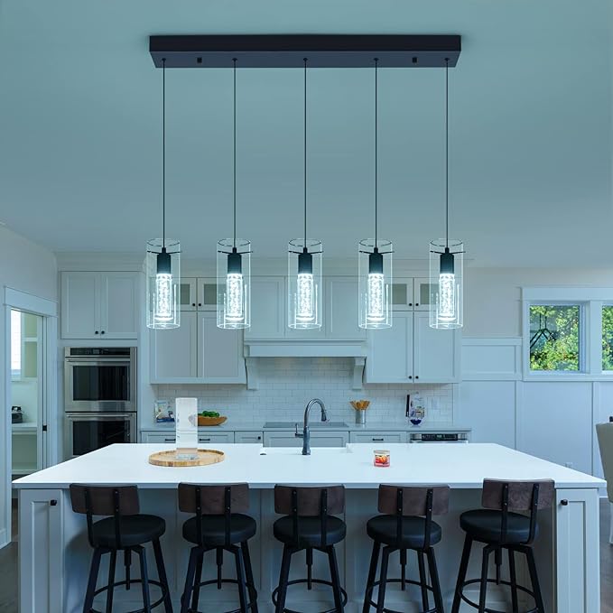 Black Pendant Lights, Modern Pendant Light Kitchen Island Pendant Light Fixtures, Modern Island Light with Bubble for Kitchen, Dimmable Kitchen Chandelier Light Fixture (25W, 5-Light)