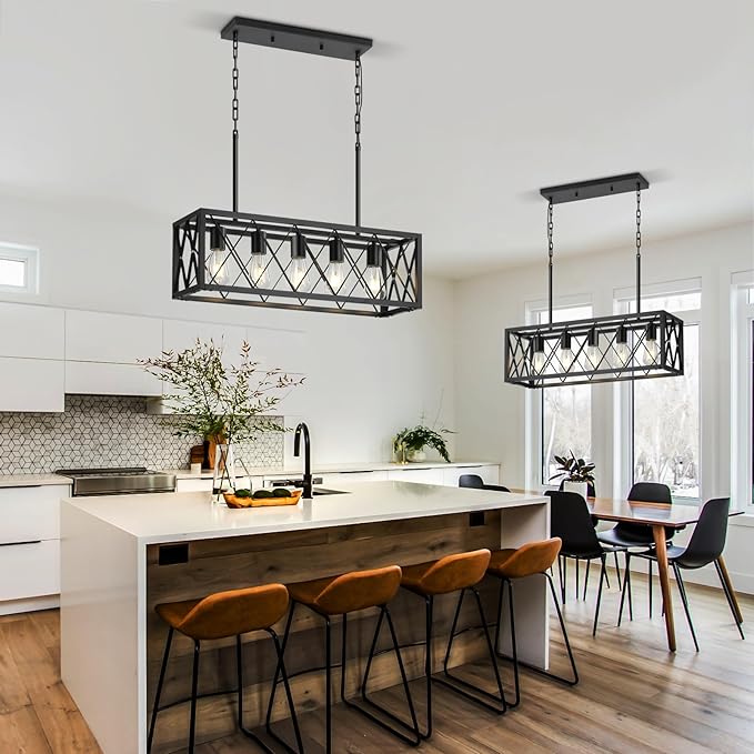 5-Light Kitchen Island Pendant Light, Black Rectangular Farmhouse Chandelier, Industrial Metal Linear Ceiling Hanging Lighting Fixture for Dining Room, Living Room, Entryway, Foyer, Bar