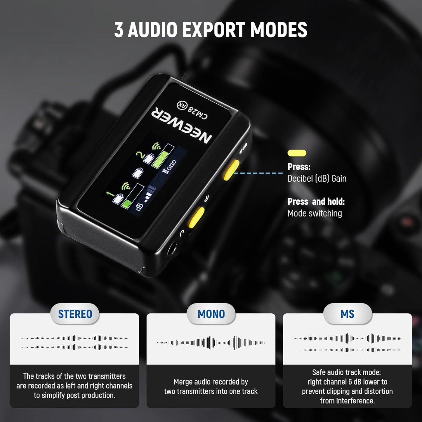 NEEWER CM28 Wireless Lavalier Microphone System, 1 Click Noise Canceling, 4GB Storage for 9Hrs of 48KHz 16 Bit Uncompressed Audio, Lapel Mic Compatible with iPhone/Android/PC/Camera/iPad