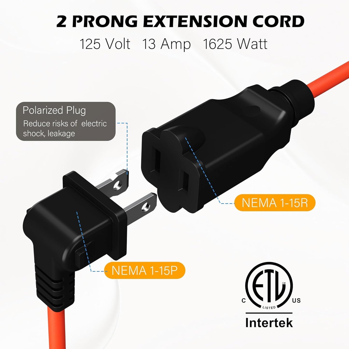 90 Degree 2 Prong Polarized Outdoor Power Extension Cord 20 FT, Angled Low-Profile Plug, 16 Gauge 125V SJTW Waterproof Long Cable for Home Office Lawnmower Garden Tools Lights, ETL+Ties-Bright Orange