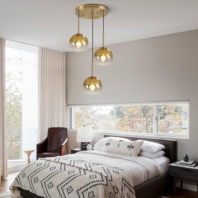 Mikeru Modern Gold Glass Chandelier, 3 Light Cluster Pendant Light Fixtures Kitchen Island Lighting Kitchen Island Pendant Lighting Hanging Lights Multi Light Large Pendant Lighting（Without Bulb）