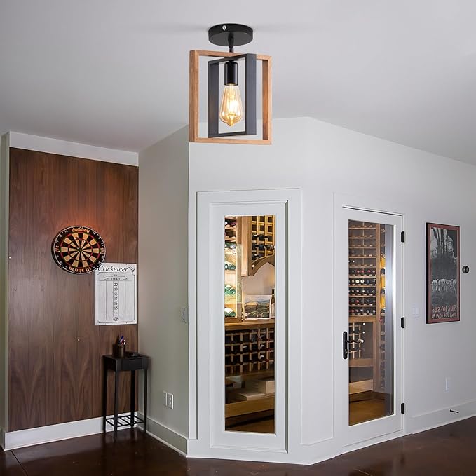 2 Pack Farmhouse Pendant Light Fixture, Black Kitchen Island Pendant Lights, Industrial Metal and Vintage Wood Hanging Light, Adjustable Height Rustic Ceiling Lamp for Entryway, Dining Room, Foyer