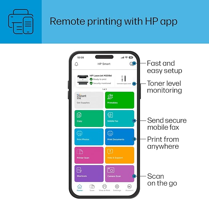HP LaserJet M209d Laser Printer, Black and White, Automatic Duplex, USB Connection Only (Cable Included), Best for Home Office (8J9L0F)