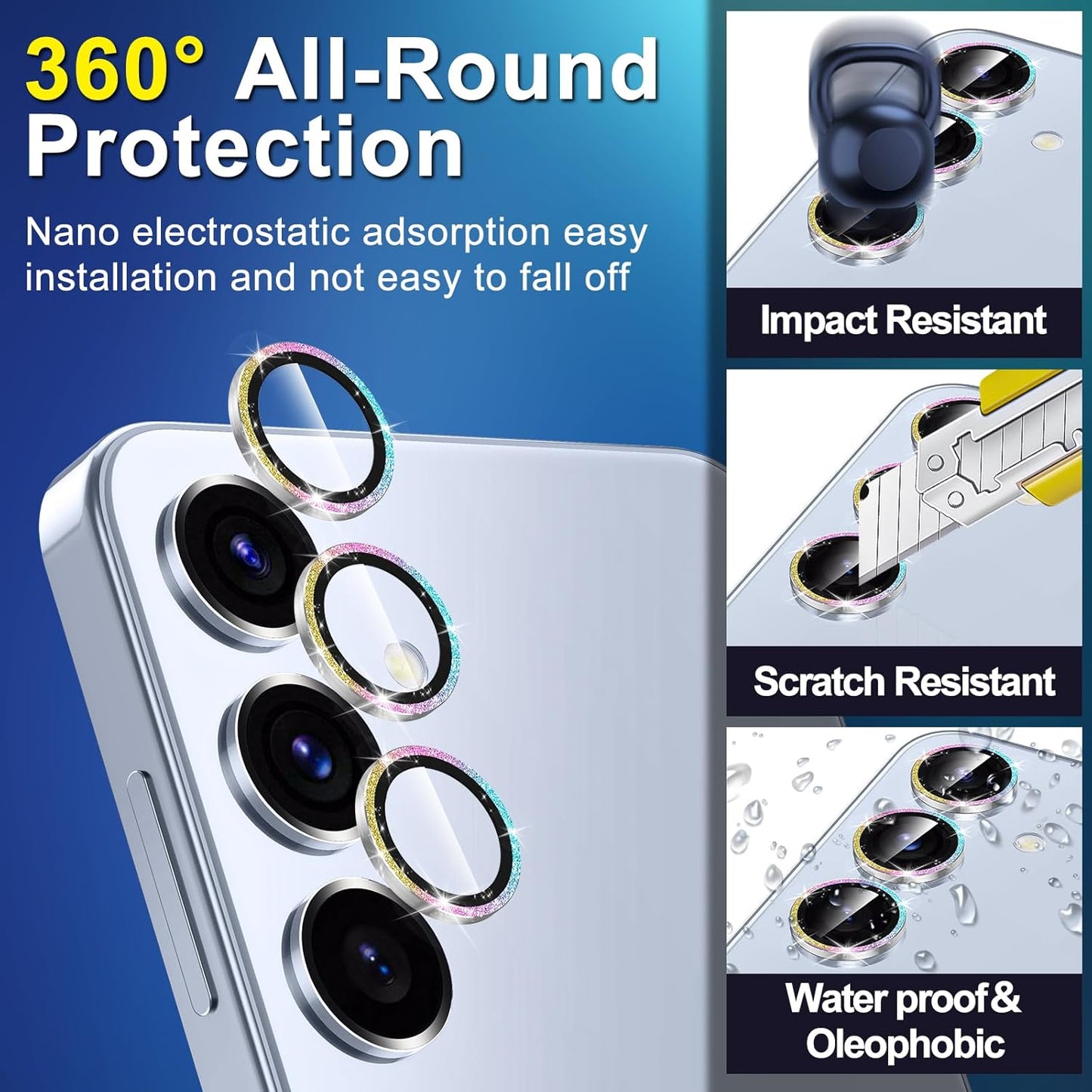 for Samsung Galaxy S25 Camera Lens Protector, Individual Metal Ring Tempered Glass Lens Cover, [Strong Adsorption] Scratch Resistant Ultra-Thin HD Clear Lens Cover, 1 Set-Colorful Sparkly