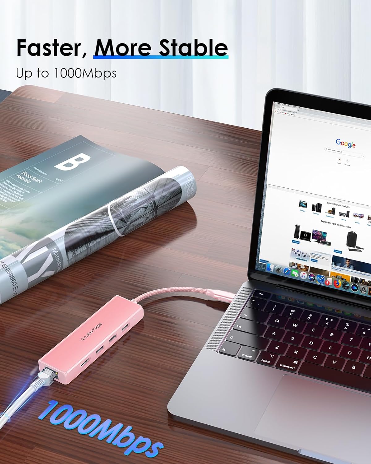 LENTION USB C Hub with Gigabit Ethernet Adapter, 4K HDMI, 3 USB 3.0 Port for 2024-2016 MacBook Pro 13/14/15/16, New Mac Air & Surface, Chromebook, More, Stable Driver Certified (CB-C25, Rose Gold)