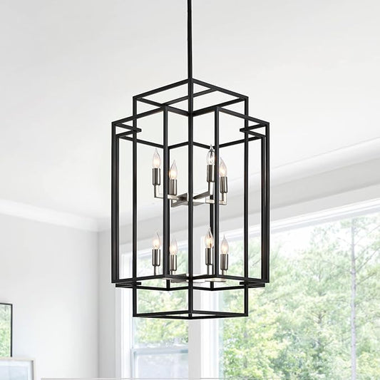31.5" Farmhouse Chandelier, 8-Light Lantern Pendant Light Fixture, Modern Foyer Lighting Fixtures, Large Chandeliers for High Ceilings, Black and Brushed Nickel Pendant Lights for Staircase, Entryway