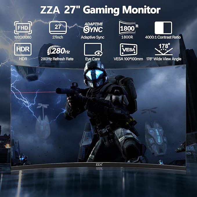 ZZA 27 Inch Gaming Monitor Curved, Curved Gaming Monitor Frameless Ultra-Fast 280Hz|240Hz 1ms FHD 1080P,Curved Monitor 1800R|FreeSync|99% sRGB|HDR|Low Blue Light|HDMI DP Ports|VESA Mount|Metal Stand