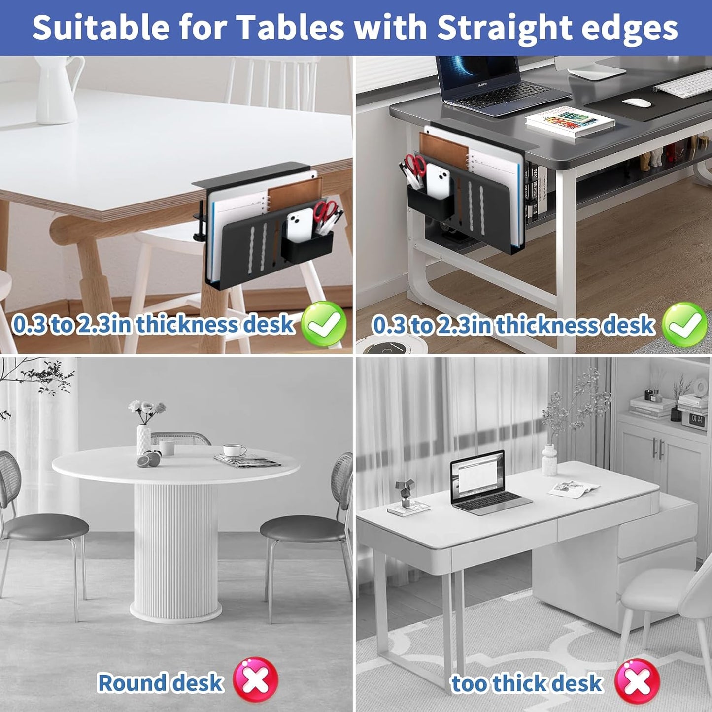 Desk Side Storage, Desk Laptop Holder with Anti-Scratch Pad & Magnetic Pen Holder, No Drill Hanging Table Organizer for Office and Home Fits Flat Edge 0.3" to 2.3"