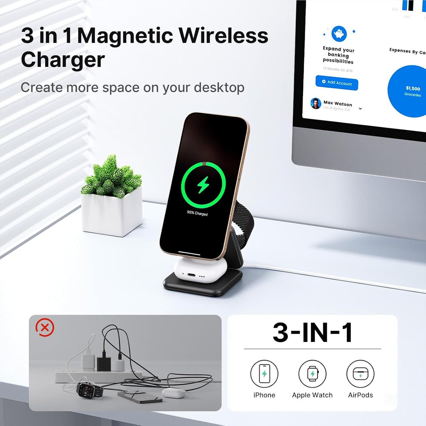 3 in 1 Charging Station for Apple Multiple Devices, Zinc Alloy Foldable Travel Wireless Charging pad for Mag-Safe Wireless Charger Stand for iPhone 16 15 14 13 12 Apple Watch Airpods