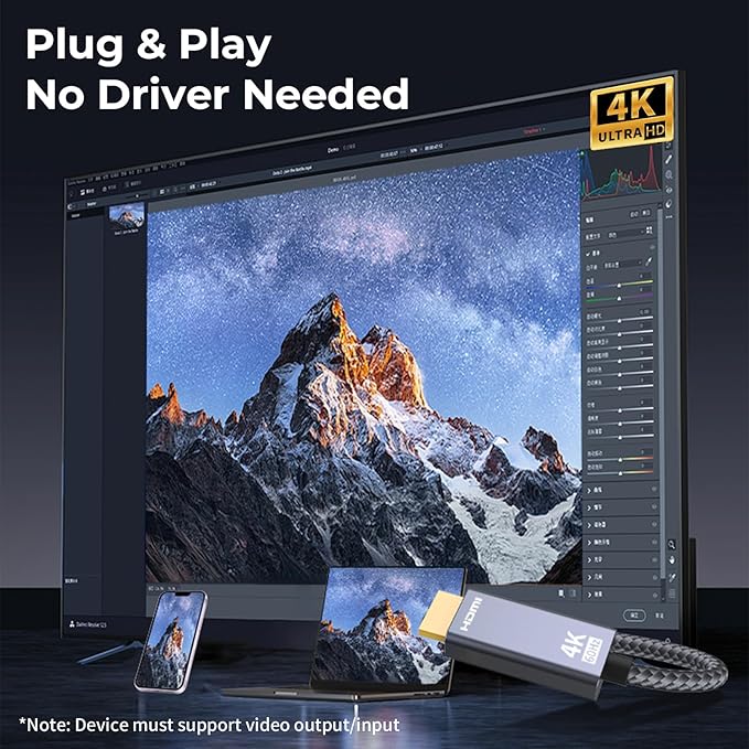 Guermok USB-C to HDMI Cable 4K@60Hz, 6.56ft, Compatible with USB-C Laptops and Tablets, Supports HDMI Capture Devices, Plug & Play, Works with Thunderbolt 3 & 4 Ports