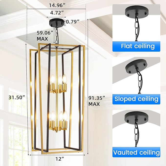 Black and Gold Chandelier, 8-Light Tiered Lantern Pendant Light Fixtures, Industrial Foyer Lighting Fixtures, Large Long Chandeliers for High Ceilings, Farmhouse Chandelier for Staircase, Entryway