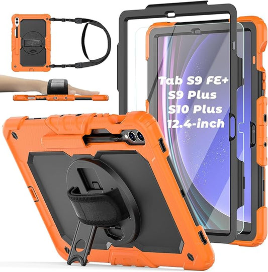 Case for Samsung Galaxy Tab S10 Plus/ S9 FE Plus/ S9 Plus 5G Tablet 12.4'', Shockproof Protective Cover with [Tempered Glass Screen Protector], Stand, Shoulder Strap & S Pen Holder (Orange)