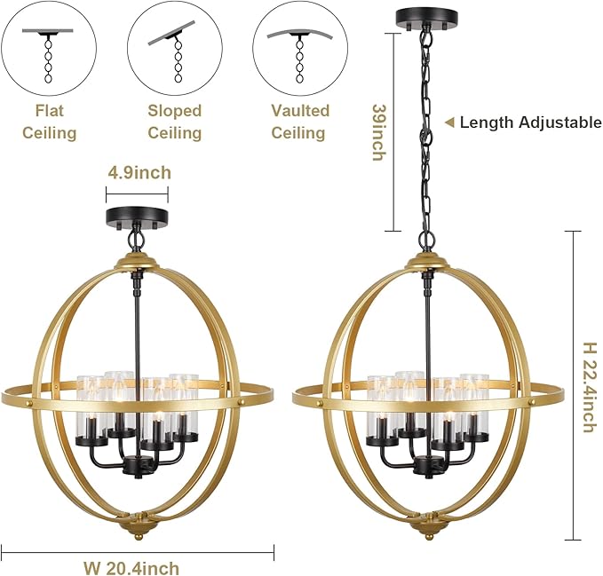 Treekee Chandelier Farmhouse Hanging Lighting, 4-Light Globe Orb Chandelier, Adjustable Modern Pendant Light Fixture for Dining Entryway Foyer, Black and Gold Finish