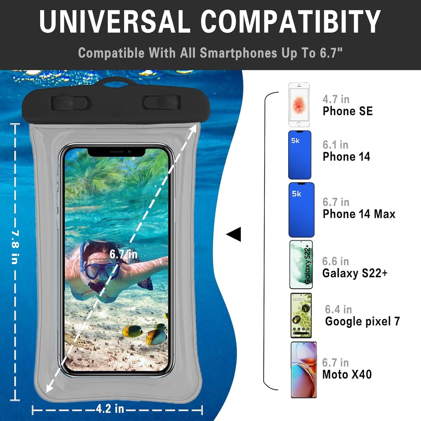 2 Pcs Waterproof Phone Pouch, Universal IPX8 Floating Waterproof Cell Phone Case Dry Bag, Compatible with Most Cell Phone on Market, Waterproof Phone Protector for Beach Swimming (Black + White)