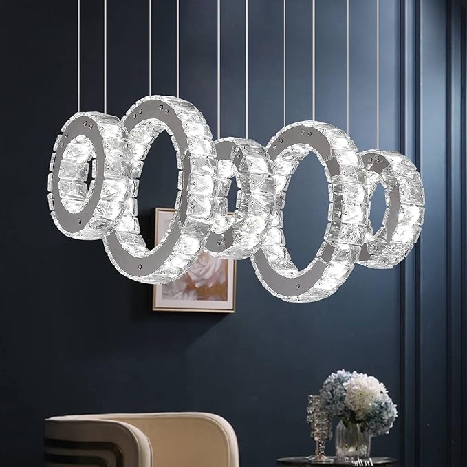 Buccleuch 5-Ring Crystal Chandelier, Height Adjustable UL-Certified Dimmable LED Pendant Light, Stainless Steel K9 Crystal Ceiling Light for Dining Room Living Room Bedroom, 6000K 4400lm