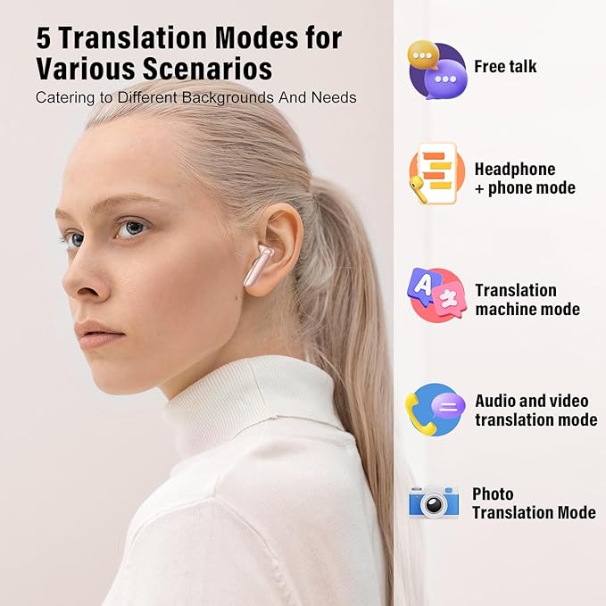 AI Language Translation Earbuds, 3-in-1 Translator Earbuds Real Time with 7 Translation Modes, with Audio and Video Call, 164 Language Bluetooth 5.3 Headphones Translating Device, Rose Gold