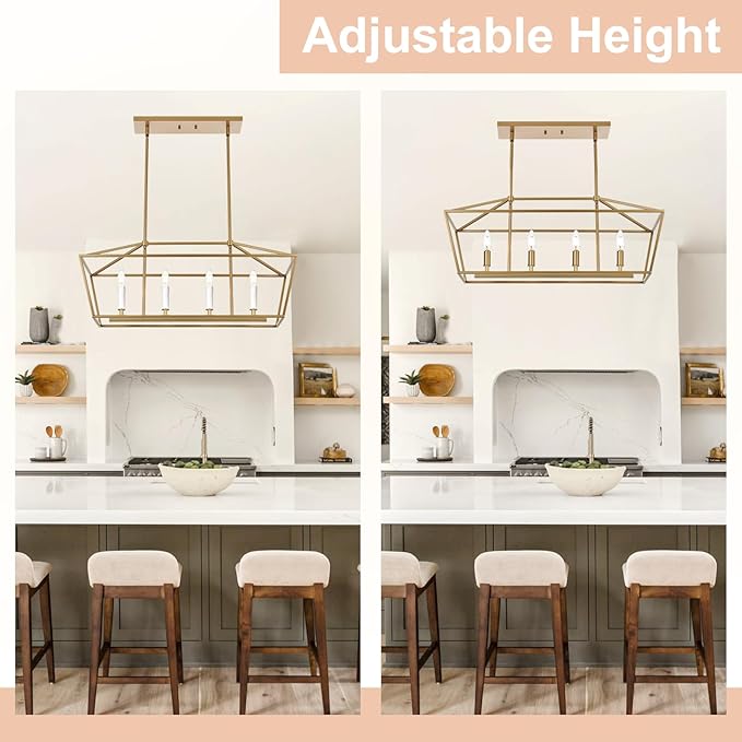 4-Light Gold Kitchen Island Lighting Over Table, Modern Lantern Cage Chandelier Pendant Light Fixture with Height Adjustable, E12 Bulb Base
