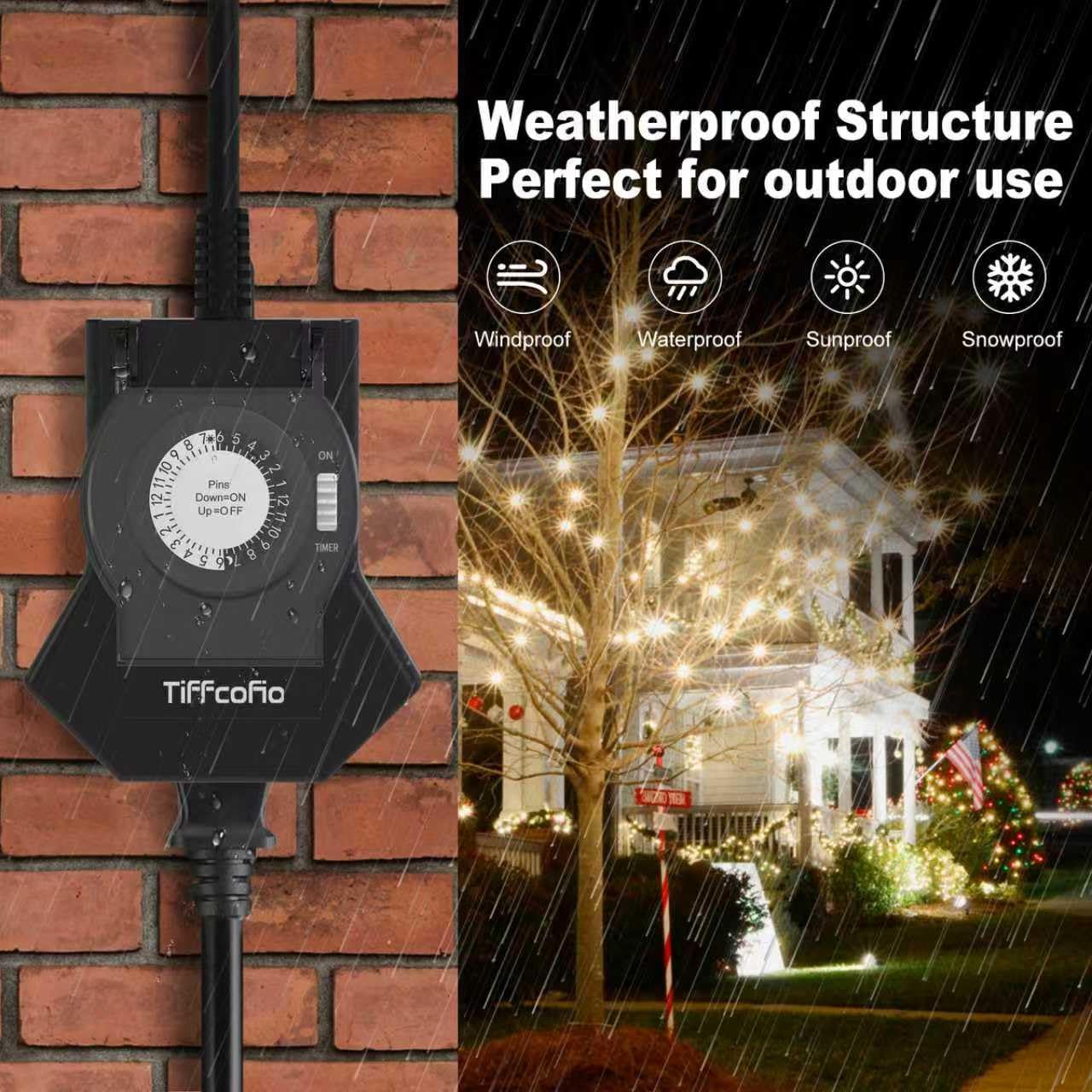 Outdoor Timer Outlet Waterproof, 24 Hour Mechanical Light Timer Outdoor, 2 Grounded Outlets for Home and Garden, 15A 1/2HP, Heavy Duty, ETL Listed (2 Packs)