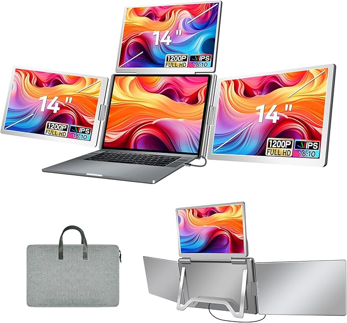 14" Portable Monitor for Laptop Screen Extender, Triple Laptop Monitor Display, 1200P FHD IPS Travel Gaming Monitor fit for 12"-17.3" Laptops, Compatible with Win 10/11 and Mac 2019 Above(S780-C)