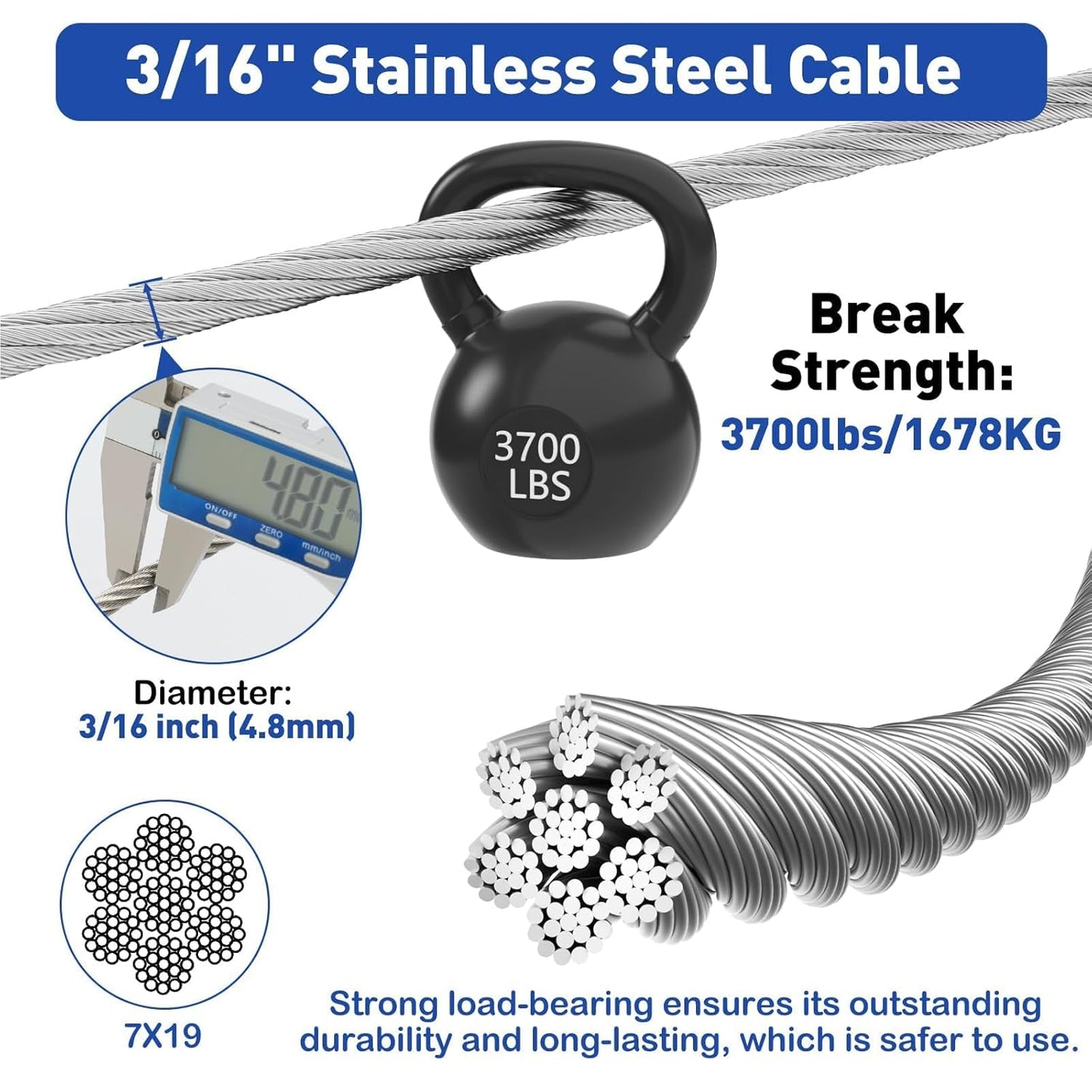 TooTaci 3/16" Stainless Steel Cable, 50ft Wire Rope with Aluminum Crimping Sleeve&Thimbles, 7x19 Strands, 3700lbs Breaking Strength Heavy Duty Aircraft Cable for Zipline, Deck Railing, Shade Sail