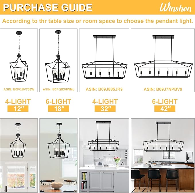 6-Lights Kitchen Island Pendant Lighting in Black Finish, 42-Inches Width Farmhouse Light Fixtures Ceiling Hanging for Dining Room Pool Table