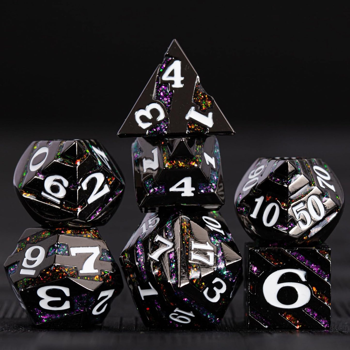 Metal Dice Set DND,Metallic Glitter Stripes D&D Dice Set,7 PCS Polyhedral Dice Set with Gift Case for Dungeons and Dragons Tabletop Game(Black Nickel Bicolor)
