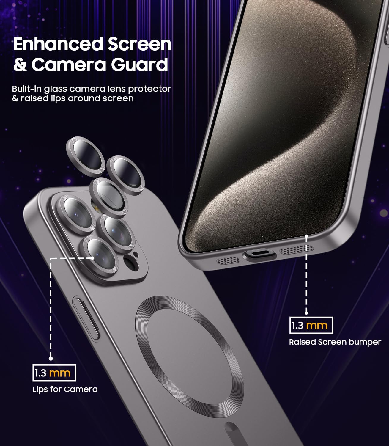 Magnetic for iPhone 15 Pro Case [Compatible with MagSafe][Built-in Camera Lens Protector] Slim Soft Silicone Bumper Shockproof Metallic Shine Phone Case (Gray)