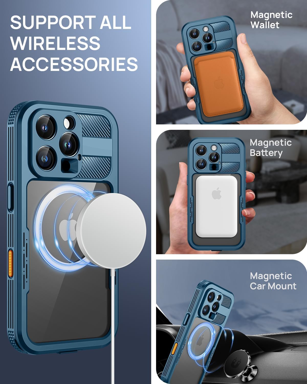 Lanhiem Magnetic for iPhone 16 Pro Case, IP68 Waterproof Dustproof Case, [Compatible with Magsafe] [Built-in Screen Protector] Full Body Heavy Duty Rugged Phone Cover 6.3 inch, Blue/Clear