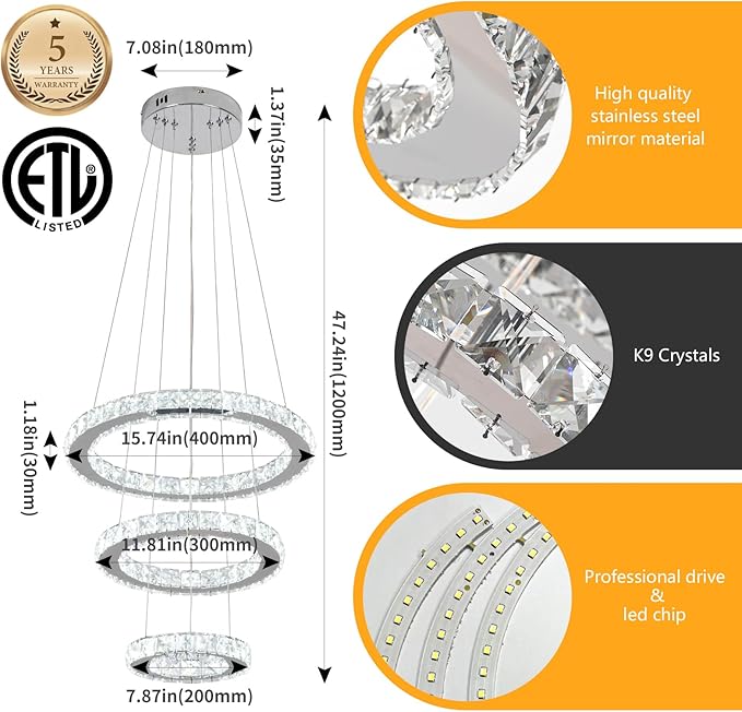 Buccleuch 3-Ring Crystal Chandelier, ETL-Listed Dimmable LED Pendant Light, Slope Ceiling Compatible Stainless Steel K9 Crystal Ceiling Light for Dining Room Bedroom Living Room, 6500K