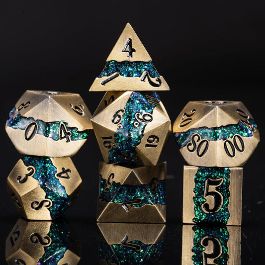 Metal RPG Dice Set,Mica Glitter Stripe Dice DND,Antique Bronze Dice 7pcs Set for Dungeons and Dragons