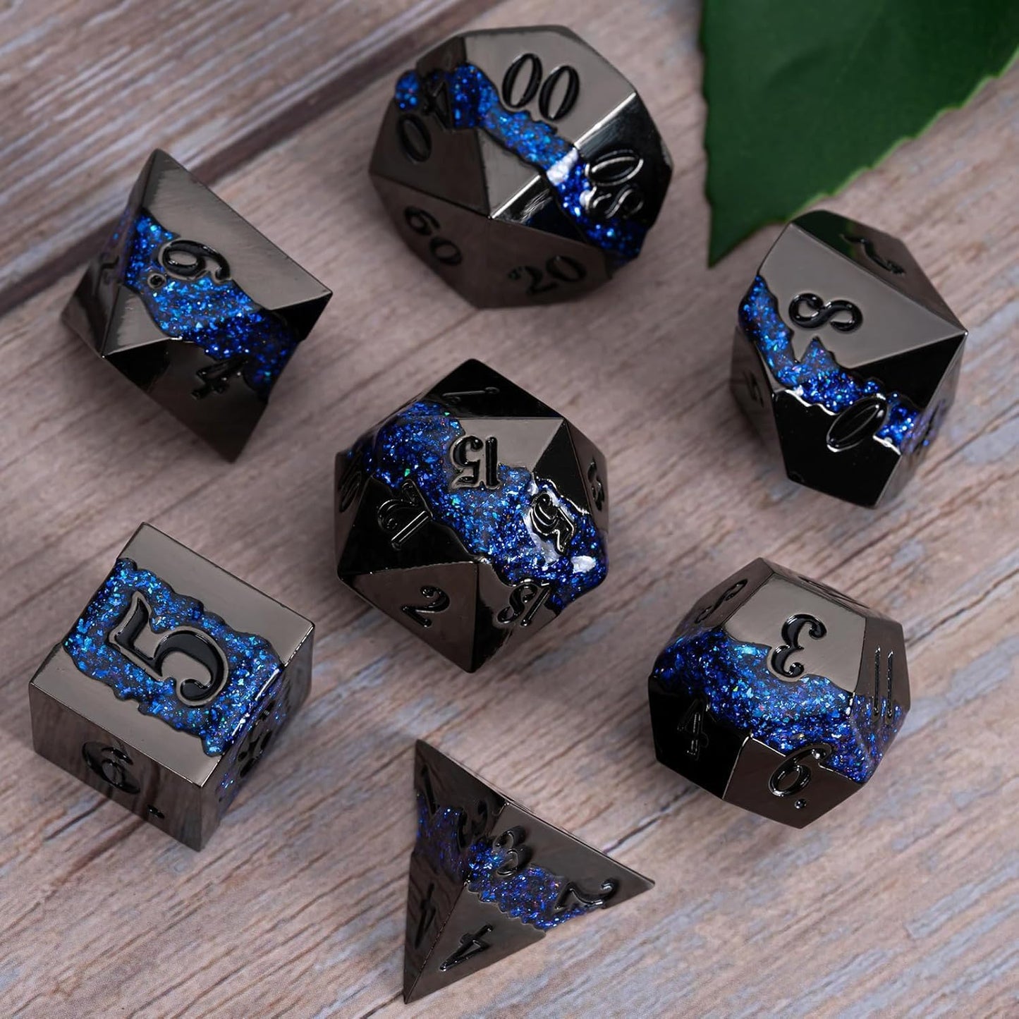 D&D Dice Set Metal,Large Striped Glitter Dice Set.RPG Polyhedral Dice 7pcs Set(Antique Nickel Dark Blue)
