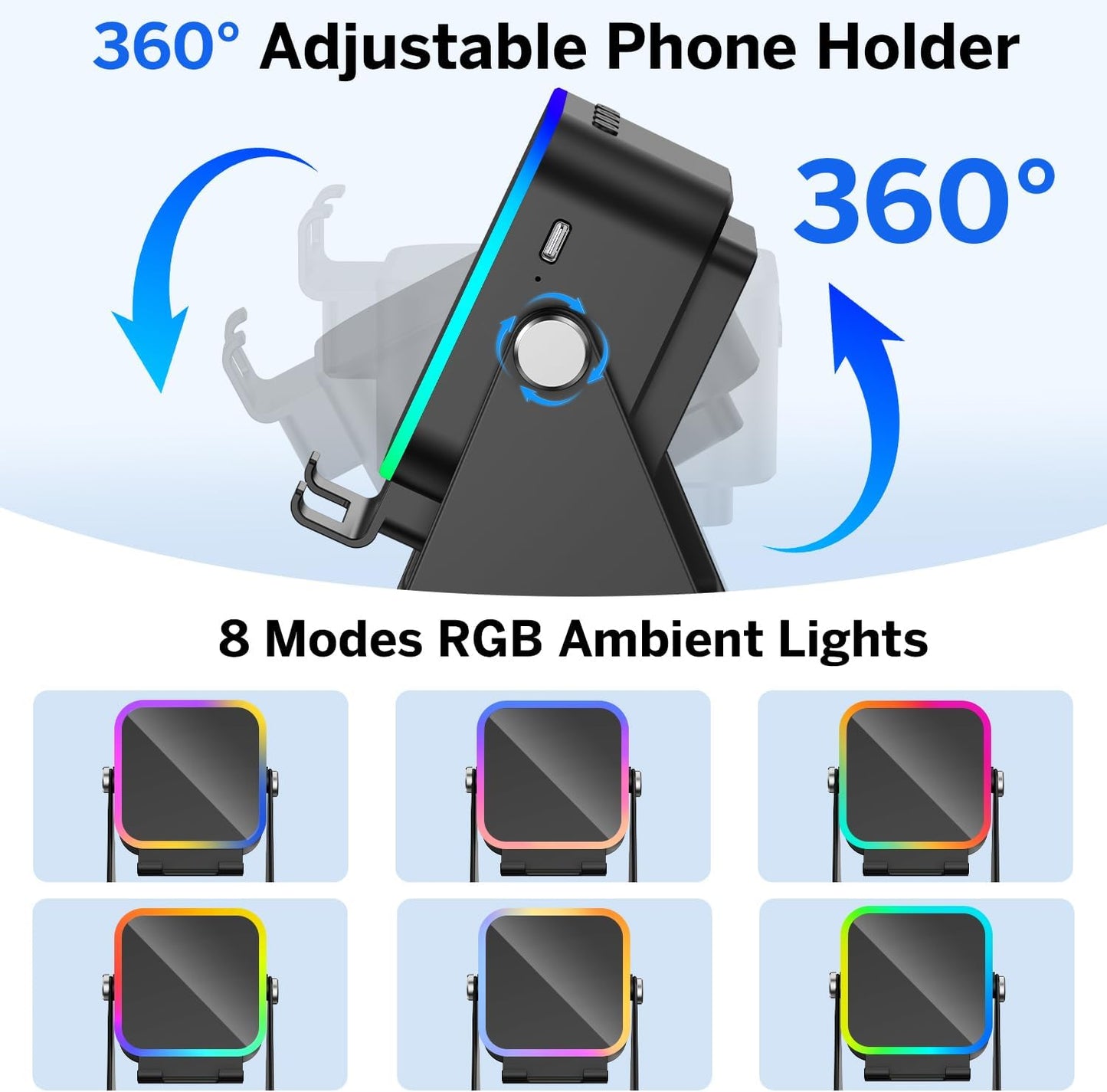 Wireless Induction Speaker 5-in-1 Bluetooth Speaker with Phone Stand,Stereo Sound, 3500mAh Rechargeable, 8 RGB Ambient Light, 360° Adjustable Holder for iPhone/Android/iPad,Gifts for Men Women (Black)