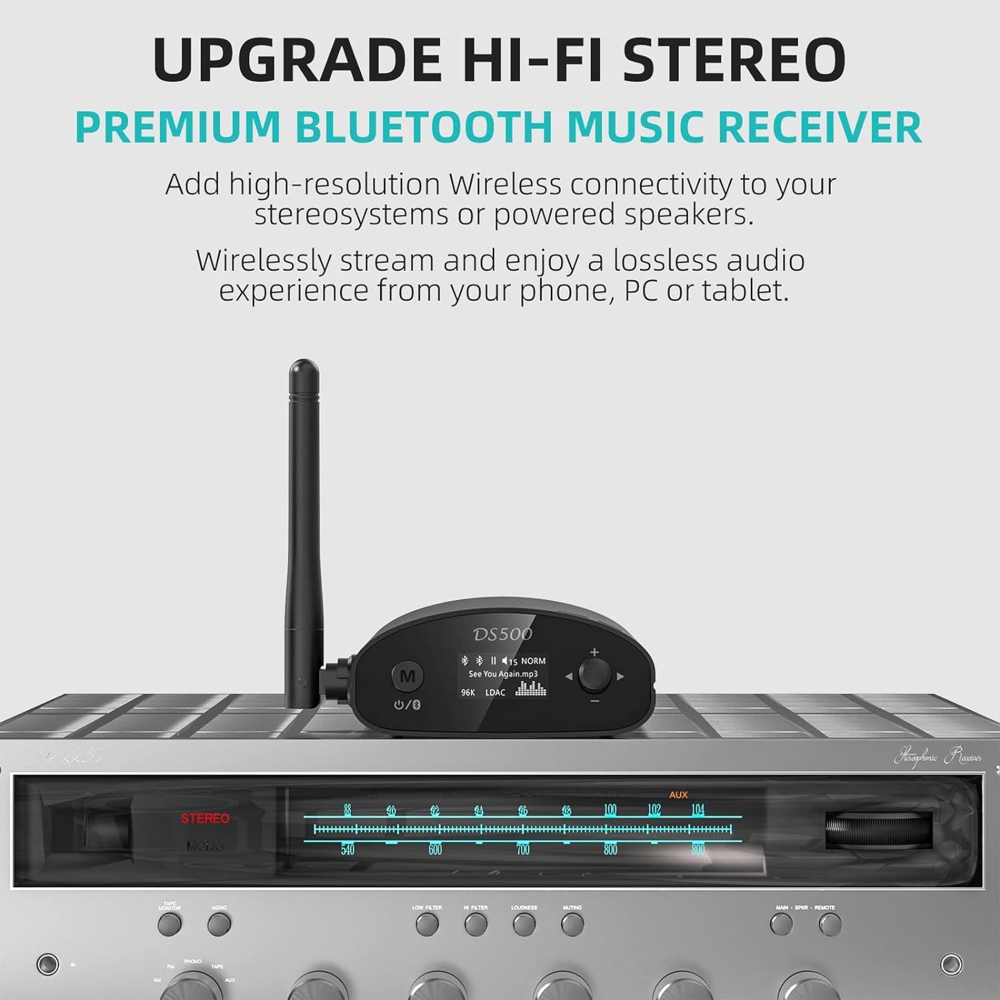 1Mii DS500 LDAC Bluetooth Hifi Receiver, Long Range Bluetooth 5.1 Audio Adapter w/Audiophile DAC, aptX HD & Low Latency, OLED Display & Optical Coaxial RCA Output for Home Stereo/AV Receiver/Amplifier