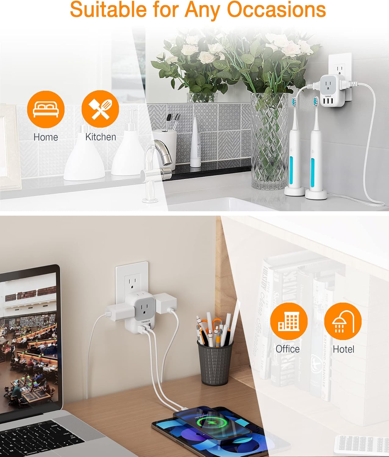 TESSAN USB Charger Block, Wall Plug Adapter with Electrical 4 Box Splitter 3 USB Wall Charger Ports, Multi Plug Outlet Extender Charging for Cruise, Travel, Office, Dorm Essentials