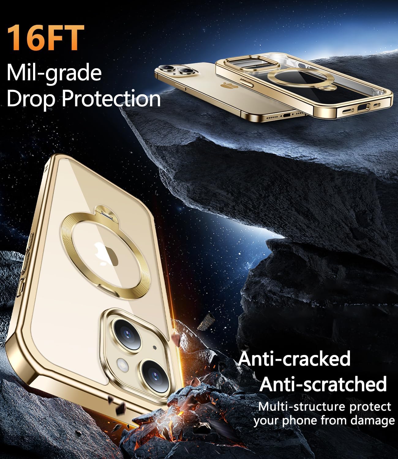 [360° Rotatable CD Stand & Built-in Privacy Screen Magnetic Case for iPhone 14 [Compatible with MagSafe & Full Signal] Mil-Grade Shockproof Full Body Anti-Spy Cover for 14-Gold
