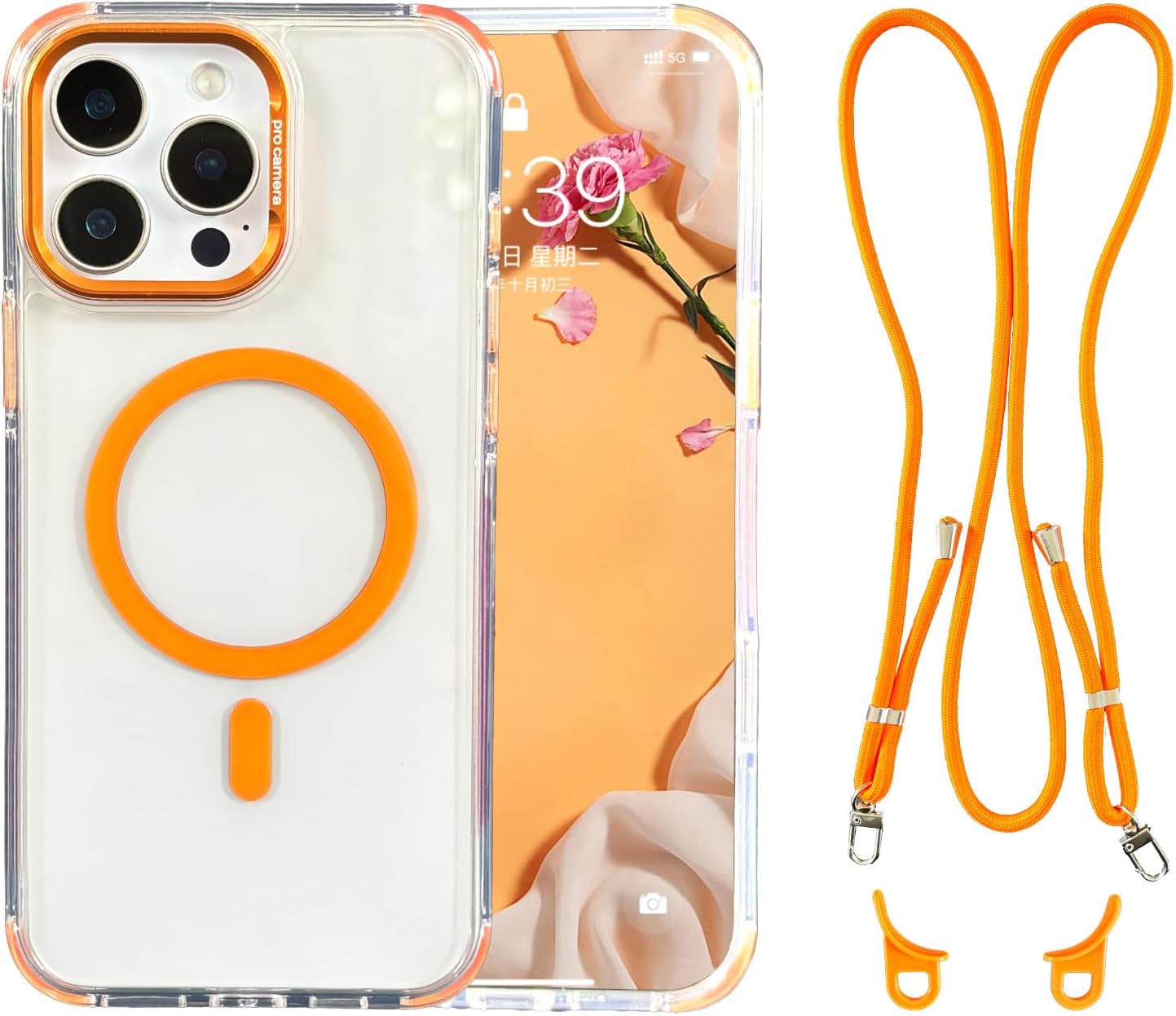 for iPhone 14 Pro Max Case with Phone Lanyard Strap, Compatible with MagSafe, Shockproof Military-Grade Protection, Non-Yellowing, Around The Neck Magnetic Classic Hybrid Case, Clear Orange