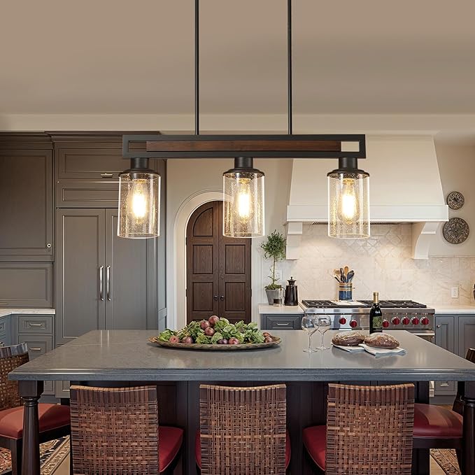 Farmhouse Dining Room Light Fixture, 3-Light Wood Kitchen Island Lighting for Dining Room Over Table, Black Adjustable Pendant Light with Seeded Glass Shades, Linear Chandeliers Lighting for Kitchen
