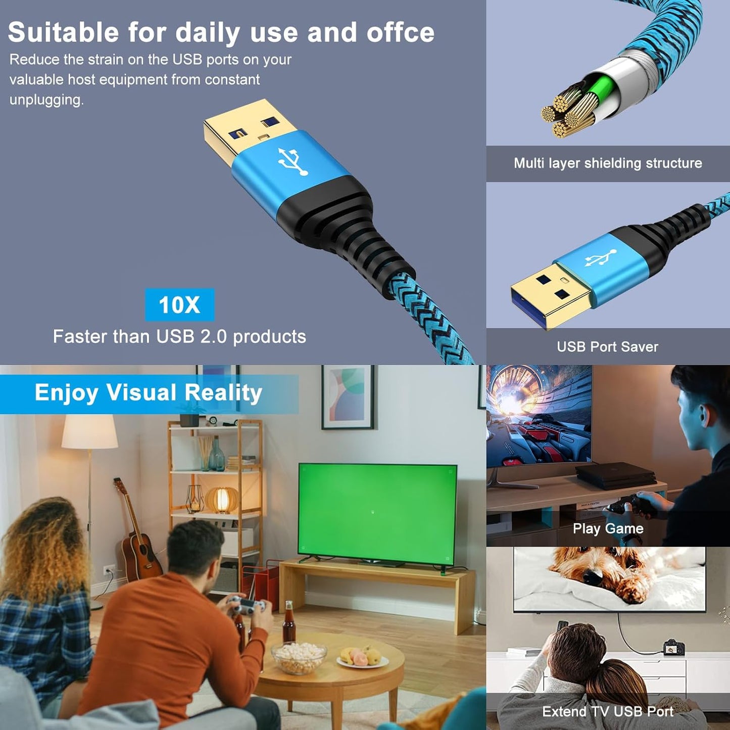 USB Extension Cable 10 FT, 2Pack USB3.0 Extension Cord Type A Male to Female USB Extender High Speed Data Transfer Extender Cord for Keyboard,Mouse,PlayStation,Webcam,Hard Drive,Printer,Flash Drive