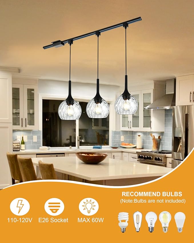 VINLUZ 3 Pack H-Type Matte Black Track Lighting Pendant Industrial Kitchen Island Lighting with Round Ribbed Glass Shades, Hanging Chandelier for Dining Room